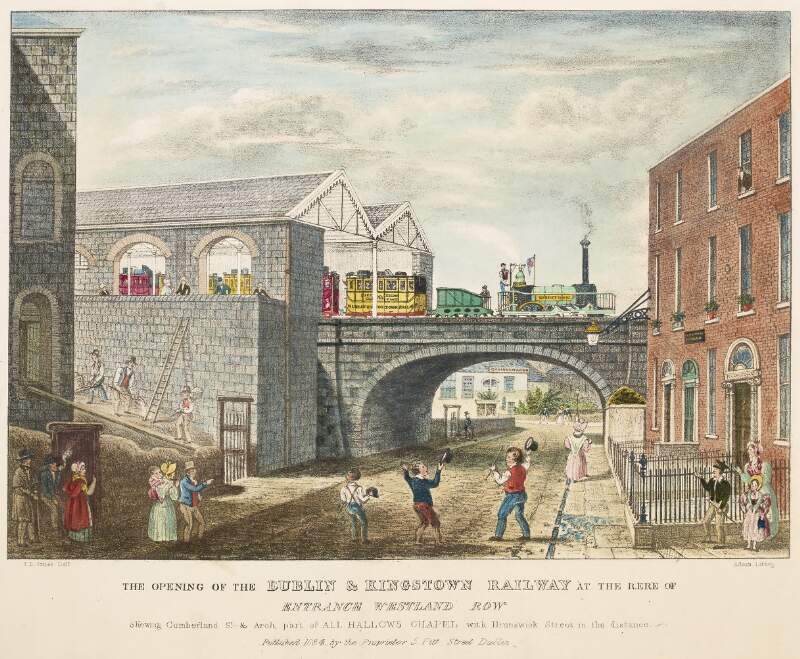 The Opening of the Dublin & Kingstown Railway at the Rere [sic] of Entrance Westland Row Shewing Cumberland St. & arch, part of All Hallows Chapel with Brunswick Street in the distance. /
