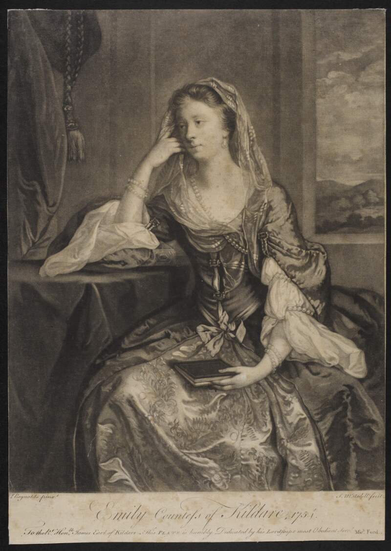 Emily Countess of Kildare, 1754. To the Rt. Honble. James Earl of Kildare, This plate is humbly deidicated by his Lordship's most Obedient Servt. Mich. Ford. /