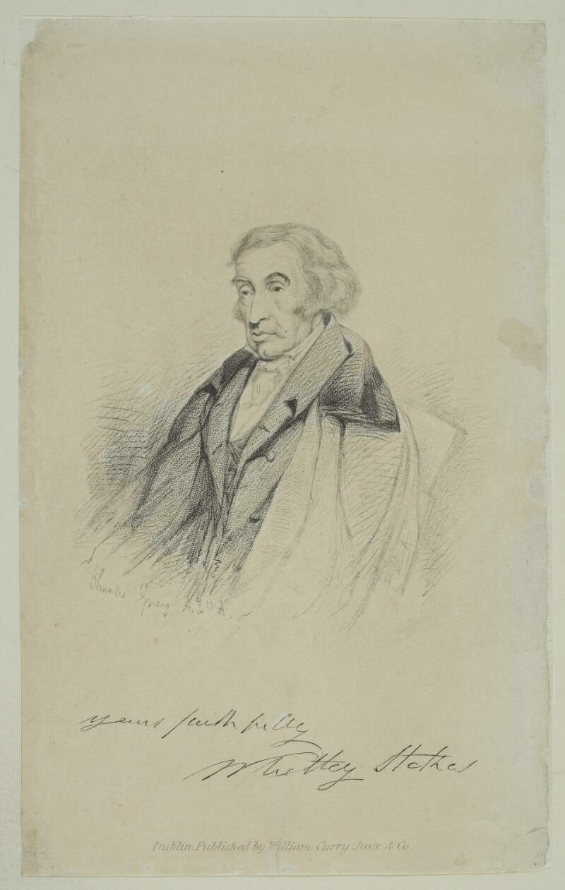 [Portrait of Whitley Stokes, M.D., Regius professor of medicine, Trinity College, Dublin, (1763-1845) ; half-length, to left, seated, wearing cloak loosely over coat]
