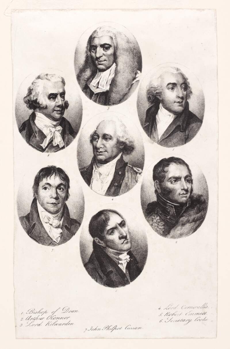 [Seven oval portraits of prominent men from the period 1798 -1803; William Dickson, the Bishop of Down, United Irishman Arthur O'Connor, Lord Kilwarden, Lord Cornwallis, Robert Emmett, Secretary Cooke and lawyer John Philpot Curran]