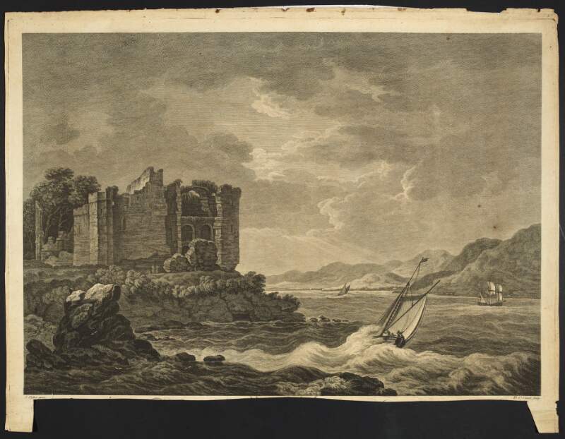 [A view of the Harbour & Castle of Carlingford in the Kingdom of Ireland. A brisk gale.]