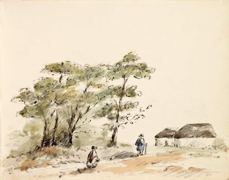[A man with a walking stick and a woman behind him, walking up a path towards two cottages]