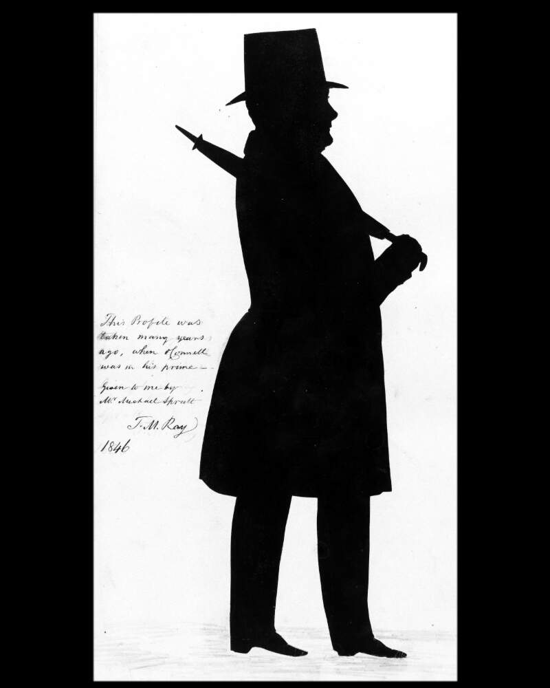 Silhouette of Daniel O'Connell, M.P., (1775-1847), whole-length, profile to right, in top hat and frock coat, holding closed umbrella over left shoulder]
