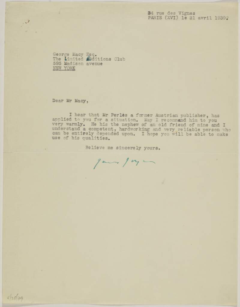 Letter : from James Joyce to George Macy,