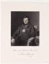 [Daniel O'Connell, M.P., (1775-1847), three-quarter length, to left, seated, looking to front, wearing muffler around neck, left hand on double-breasted coat buttoned, right arm resting on arm of chair, table with papers to right]