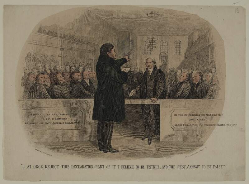 O'Connell at the Bar of the H[ouse] of Commons refusing the Anti-Catholic Declaration By this he forfeited his first election for Clare. NB. The declaration was tendered printed on a card /