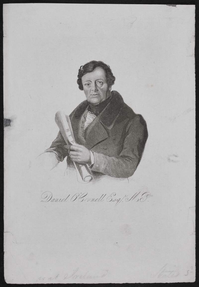 Daniel O'Connell, M.P., (1775-1847), half-length, to left, nearly full face, holding scroll "Repeal" in left hand across figure.