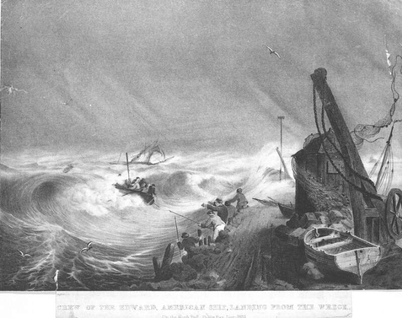 Crew of the Edward, American ship, landing from the wreck. On the North Bull, Dublin Bay, Nov 1825.