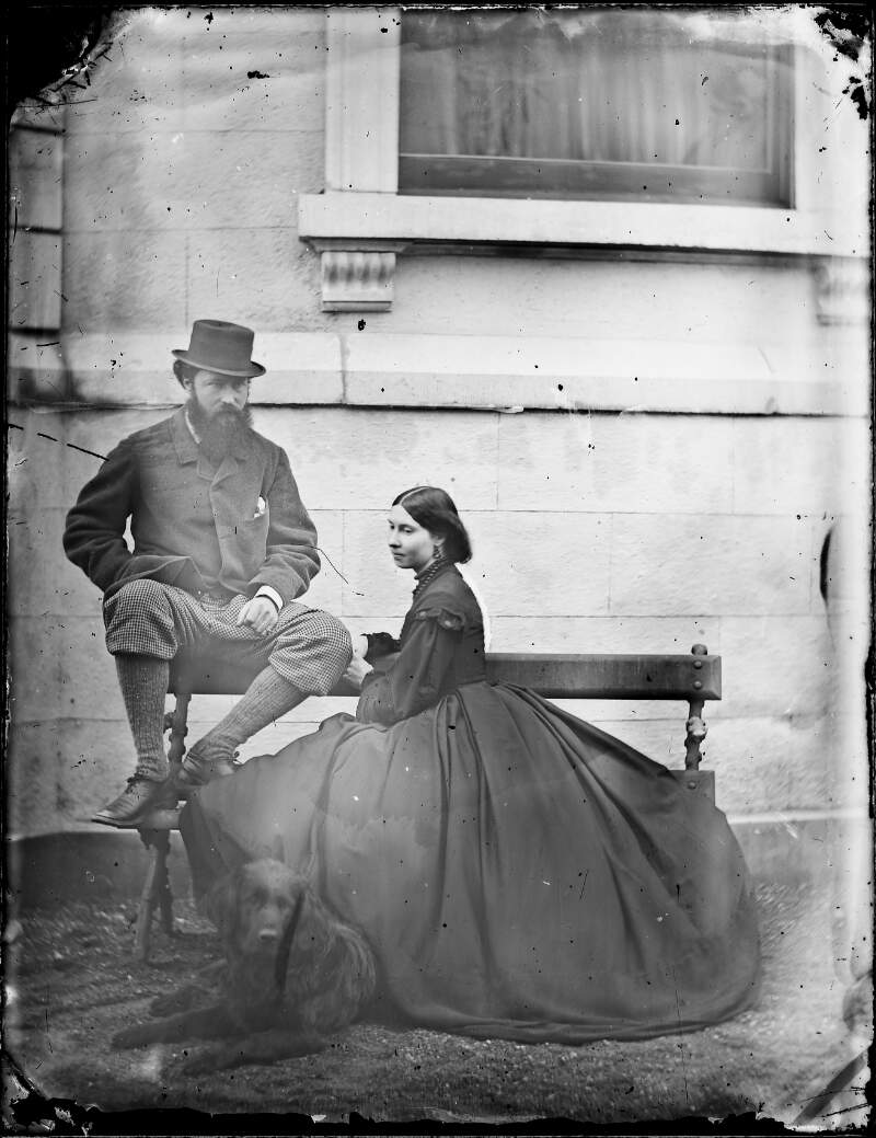 [Ambrose Congreve and Alice Dillon seated on bench outside Clonbrock, Co.Galway]