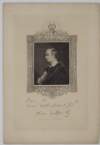 [Oliver Goldsmith, (1728-1774), author ; half-length, nearly in profile to left, throat bare, fur-edged cloak, frill at wrist, right hand to breast holding book, forefinger between leaves ; ornamental rectangle frame. With facsimile of autograph]