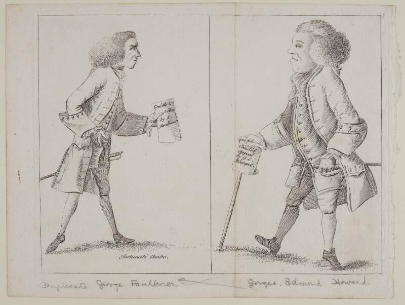 [George Faulkner, (1699?-1775), bookseller, alderman of Dublin; whole length, to left, walking, face in profile, stick and notice in right hand "Candid appeal by G----e Howard," sword in left hand. Facing him is Gorges Edmund Howard, (1715-1786), whole-length, to right, walking, face in profile, notice in left hand "Epistle &c. Notes by A. Faulkner].