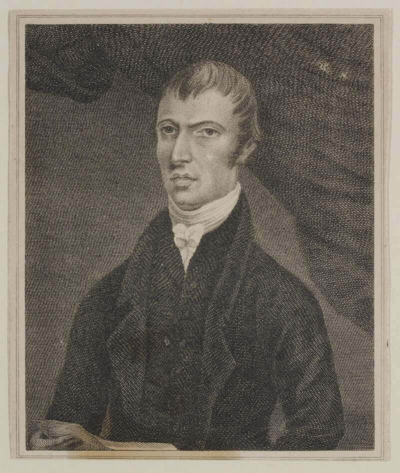 [Rev. Richard Hayes, O.S.F., (1787-1824), native of Co. Wexford ; half-length, slightly to left, holding scroll in right hand with curtain in background]