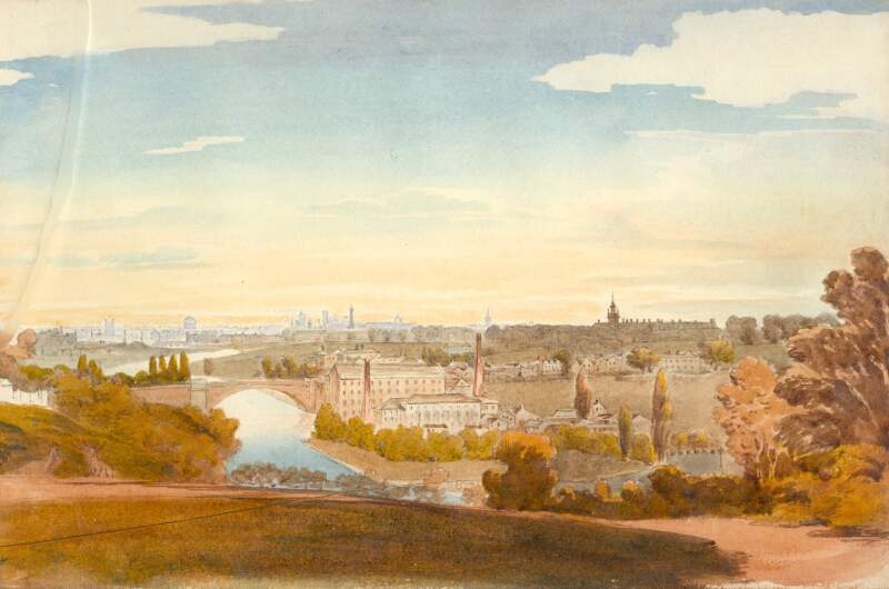 [View of Dublin from the Phoenix Park, looking across to Islandbridge, with Sarah Bridge in the foreground, and the rooftop of Royal Hospital Kilmainham in the distance].