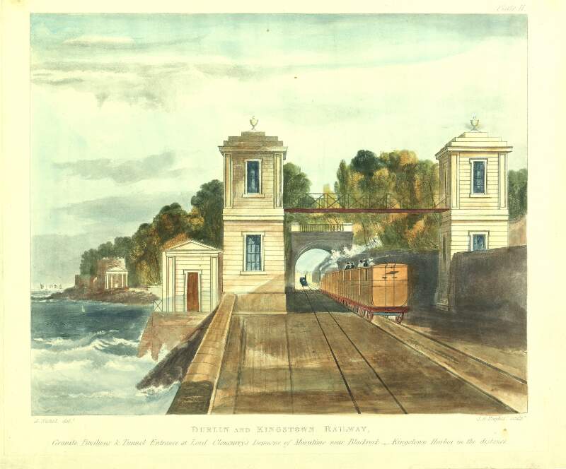 Dublin and Kingstown Railway, Granite Pavilions & Tunnel Entrance at Lord Cloncurry's Demesne of Maratimo [Maretimo] near Blackrock. Kingstown Harbor in the distance.