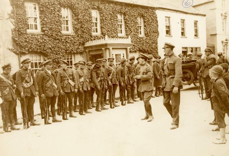 [National Army troops lined up for a roll call during the Irish Civil War]