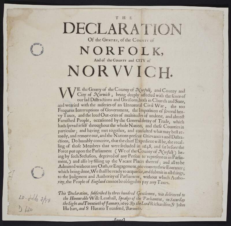 The declaration of the gentry, of the county of Norfolk, and of the county and city of Norvvich.