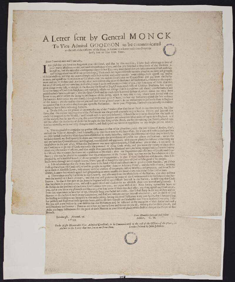 A letter sent by General Monck to Vice Admiral Goodson to be communicated to the rest of the officers of the fleet, in answer to a letter with some proposals lately sent to him from them.