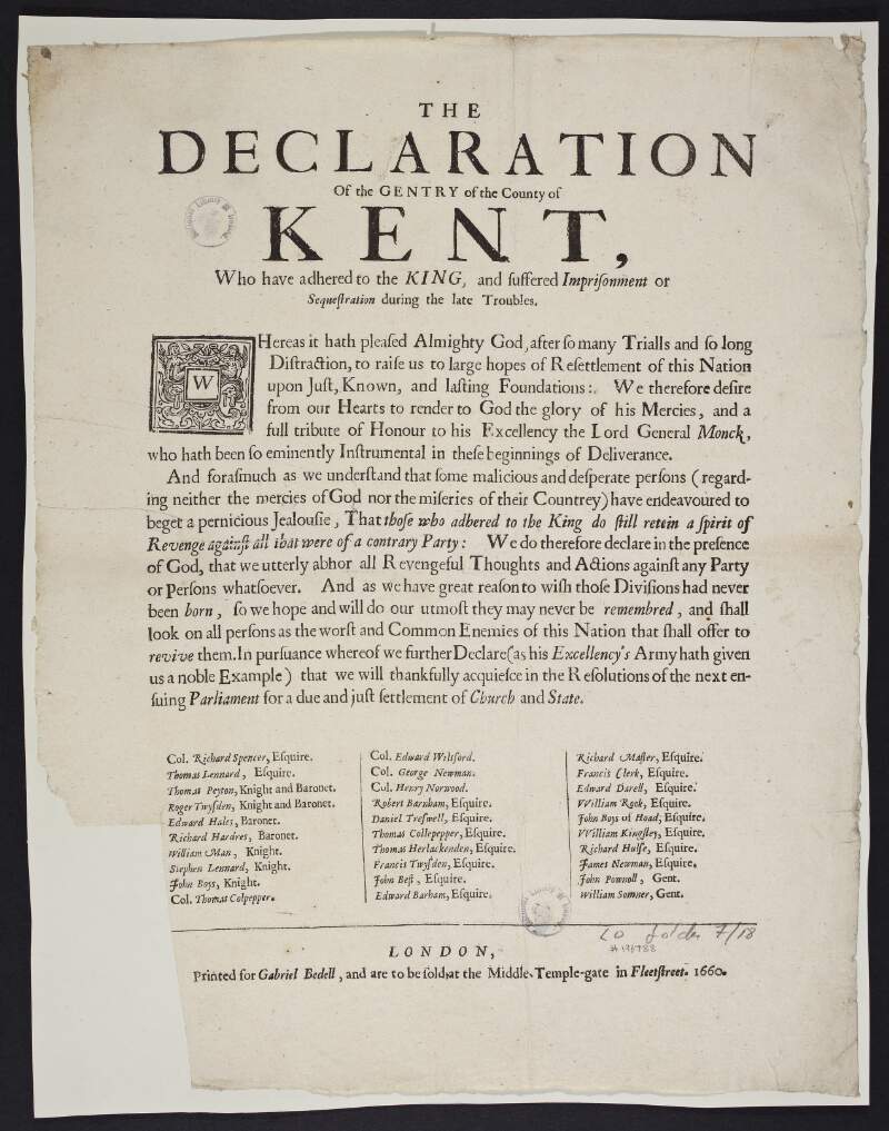 The Declaration of the Gentry of the county of Kent, who have adhered to the King, and suffered imprisonment or sequestration during the late troubles.