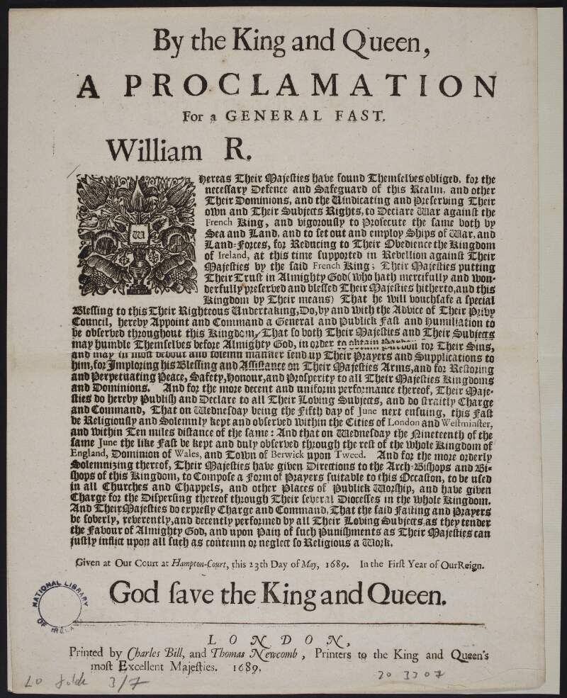By the King and Queen, a proclamation for a general fast.