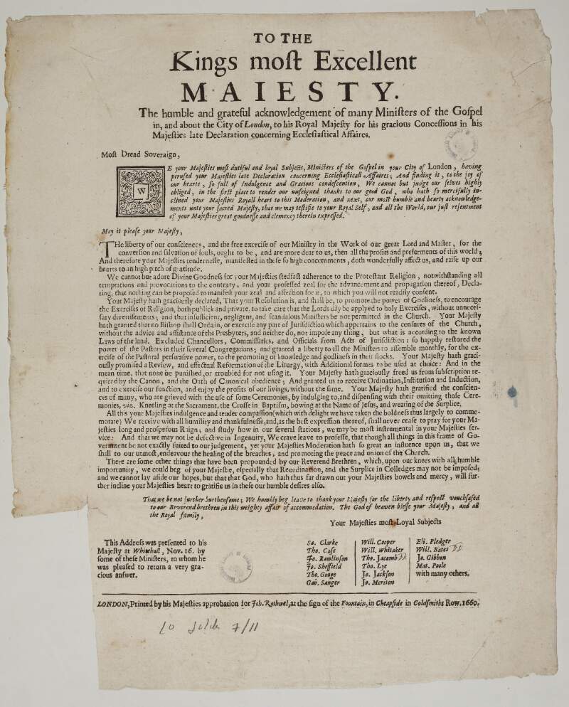 To the Kings most Excellent Maiesty. The humble and grateful acknowledgement of many ministers of the Gospel in, and about the city of London, to his Royal Majesty for his gracious concessions in his Majesties late declaration concerning ecclesiastical affaires.