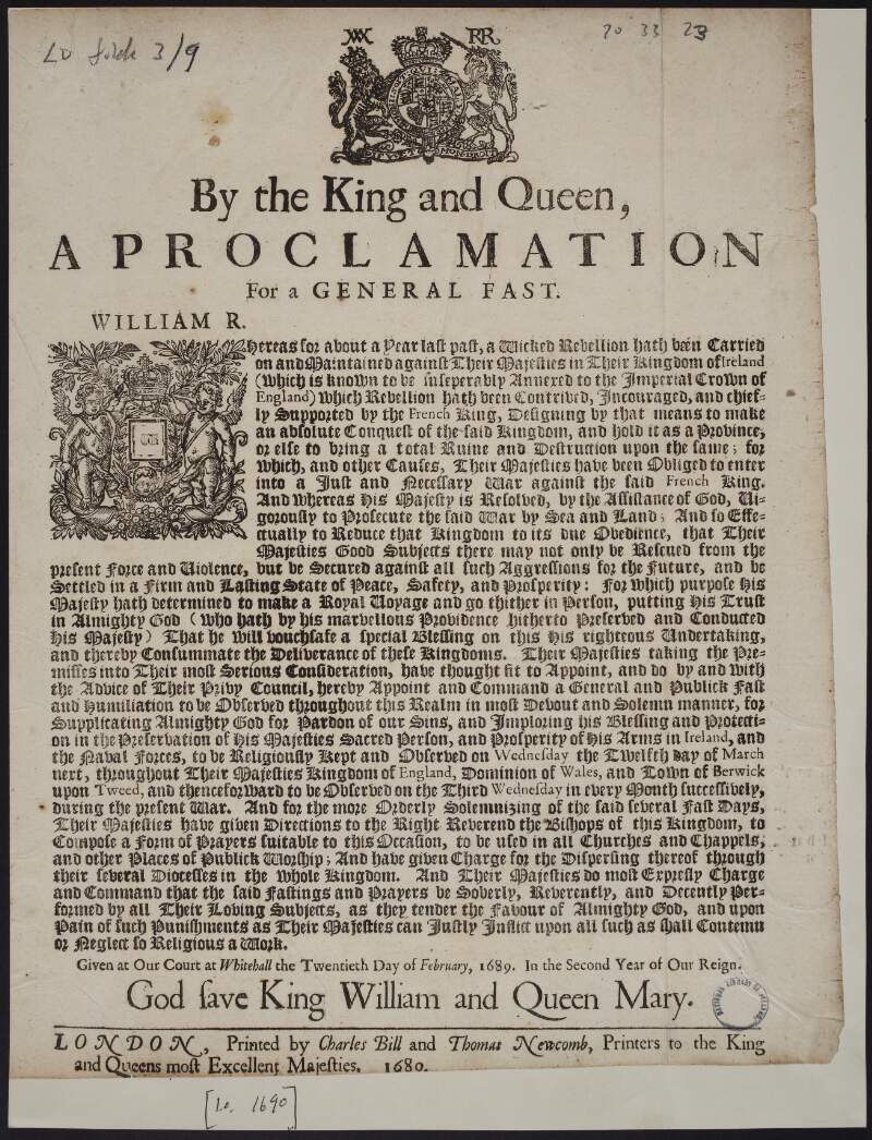 By the King and Queen, a proclamation for a general fast.