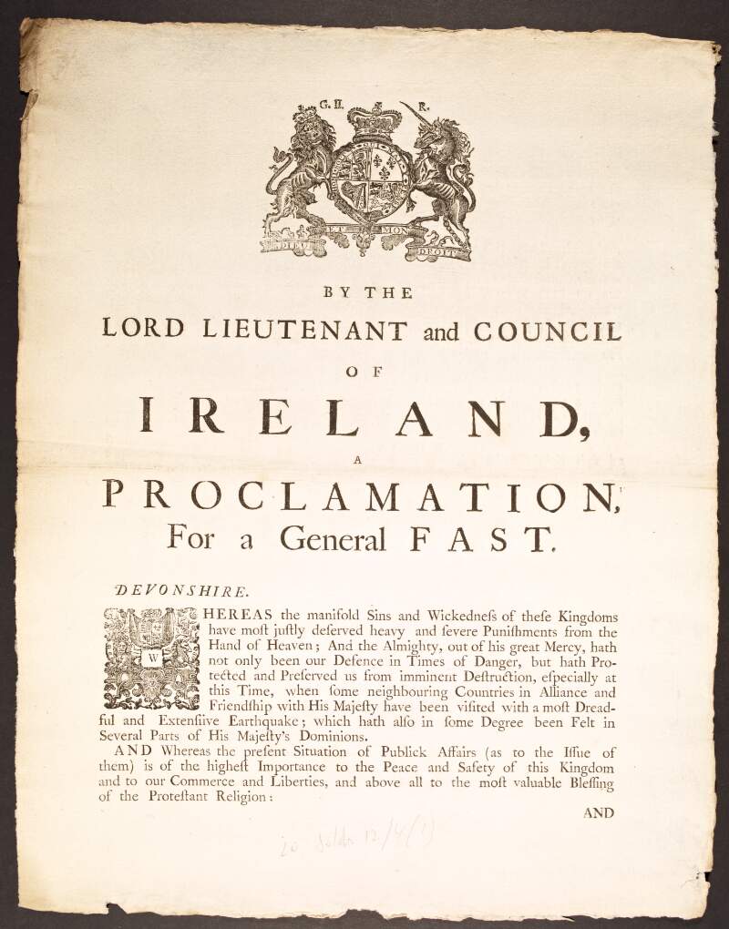 By the Lord Lieutenant and Council of Ireland, a proclamation for a general fast.