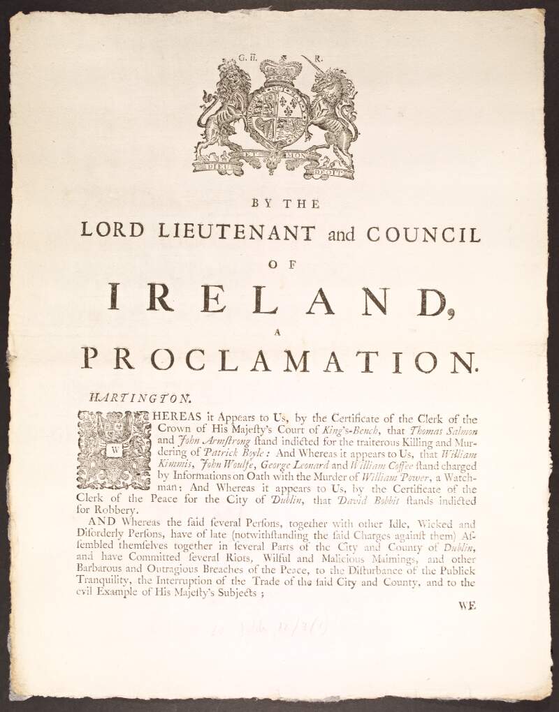 By the Lord Lieutenant and Council of Ireland, a proclamation.