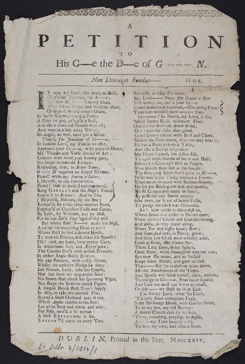 A petition to His G-----e the D----e of G---n [His Grace the Duke of Grafton].