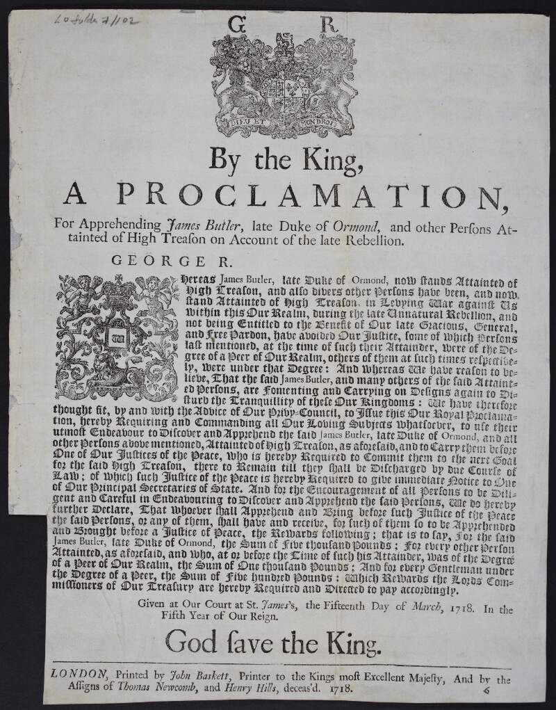 By the King, a proclamation, for apprehending James Butler, late Duke of Ormond, and other persons attainted of high treason on account of the late rebellion.