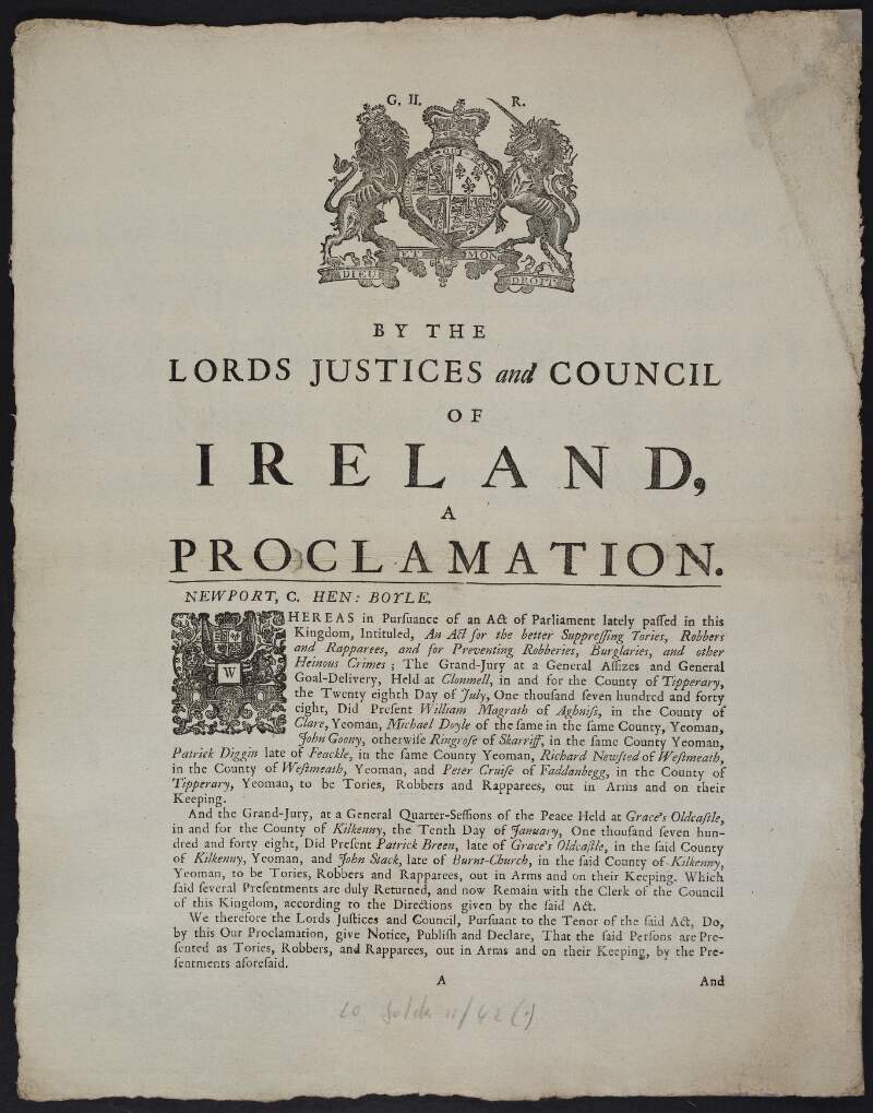 By the Lords Justices and Council of Ireland, a proclamation. ...