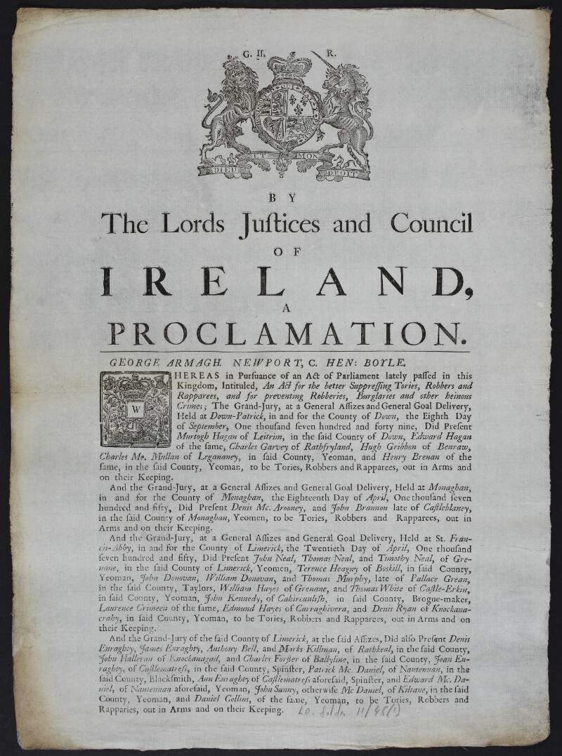 By the Lords Justices and Council of Ireland, a proclamation.