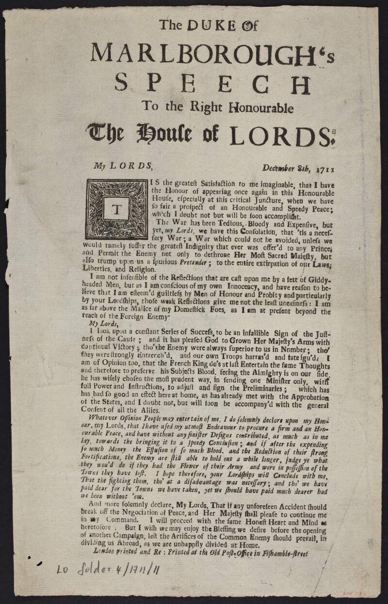 The Duke of Marlborough's speech to the Right Honourable the House of Lords.