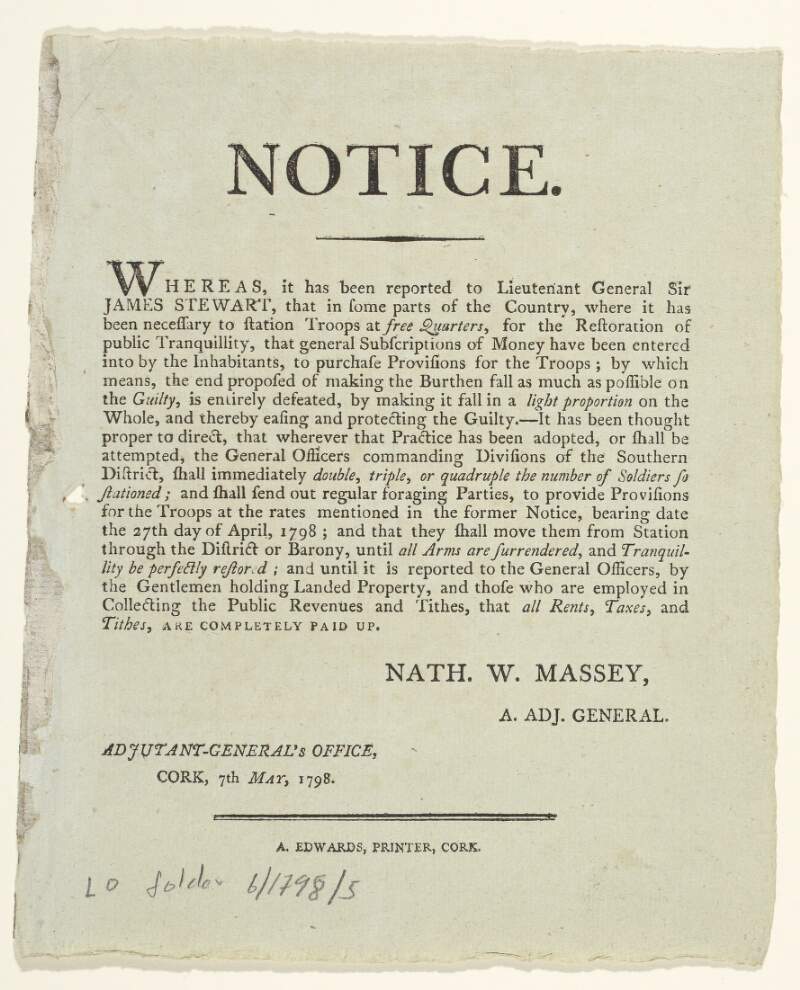 Notice. Whereas, it has been reported to Lieutenant General Sir James Stewart, that in some parts of the country, ... general subscriptions of money have been entered into by the inhabitants, to purchase provisions for the troops; ...