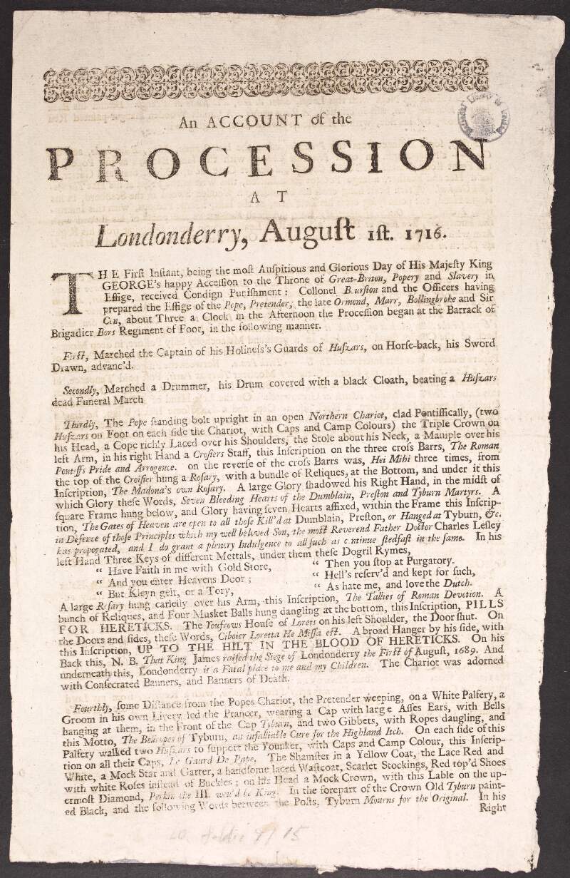 An account of the procession at Londonderry, August 1st. 1716.