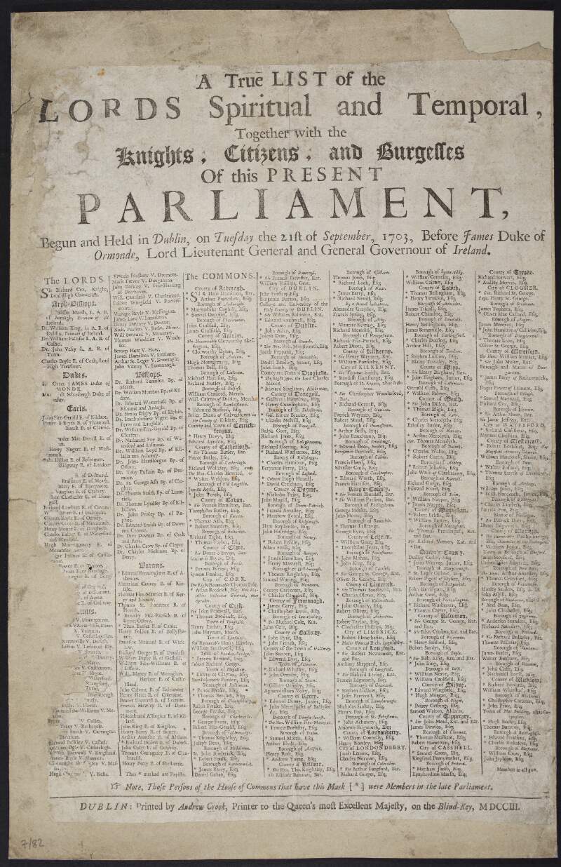 A true list of the lords spiritual and temporal, together with the knights, citizens, and burgesses of this present Parliament, begun and held in Dublin, ... the 21st of September, 1703, ...