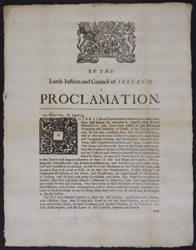 By the Lords Justices and Council of Ireland: a proclamation.
