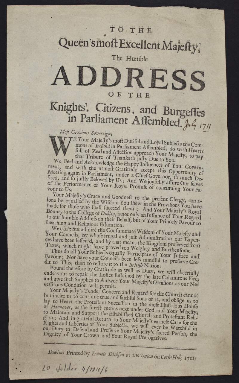To the Queen's most Excellent Majesty, the humble address of the knights, citizens, and burgesses in Parliament assembled.