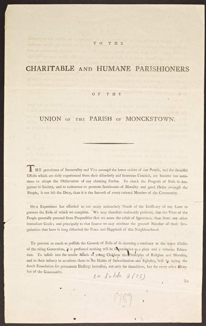 To the charitable and humane parishioners of the union of the Parish of Monckstown [Monkstown, Co. Dublin].