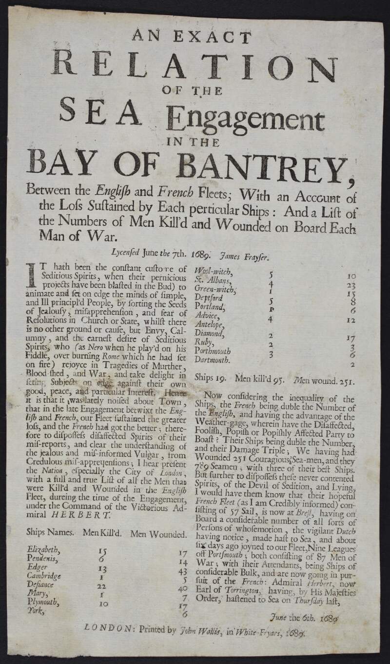 An exact relation of the sea engagement in the Bay of Bantrey, between the English and French fleets; with an account of the loss sustained by each perticular ships : and a list of the numbers of men kill'd and wounded on board each Man of War. Lycensed June the 7th. 1689. James Frayser.