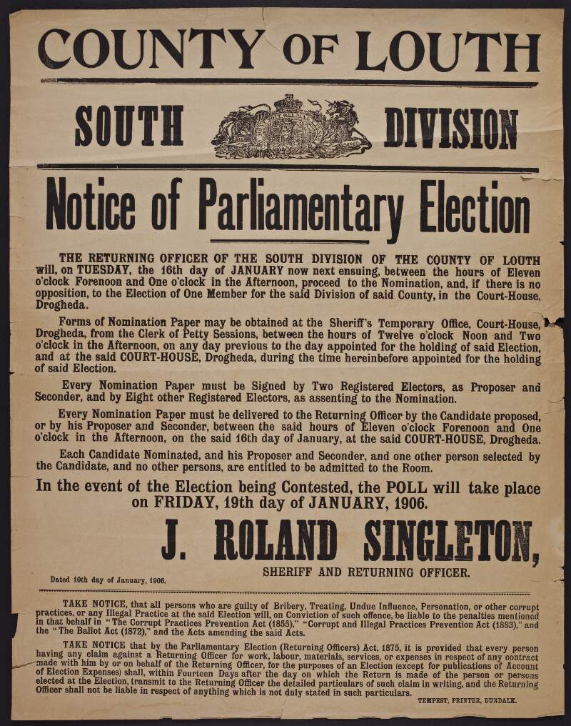 County of Louth, South Division. Notice of parliamentary election /