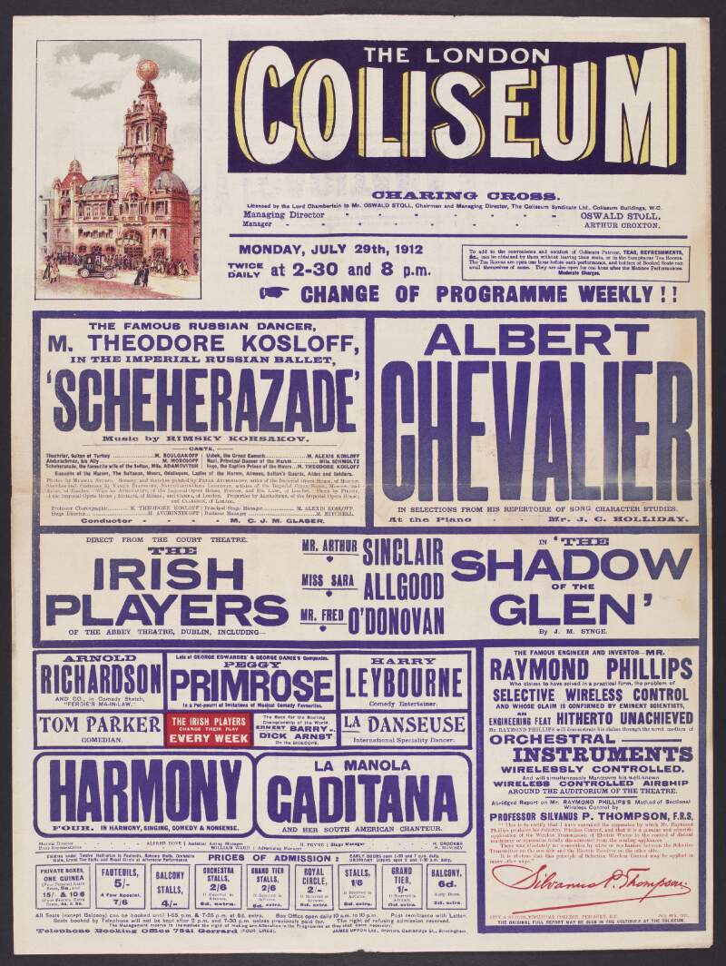 The London Coliseum Monday, July 29th, 1912, The Irish Players of the Abbey Theatre, Dublin, including Mr. Arthur Sinclair, Miss Sara Allgood and Mr. Fred O'Donovan in "The Shadow of the Glen" by J.M. Synge.