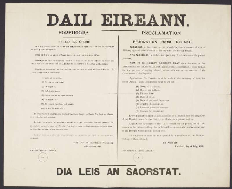 Dáil Éireann forfhogra=proclamation: imirce as Éireann=emigration from Ireland.