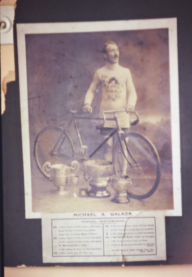 [Copy of b & w photograph of Michael A Walker "50 mile champion" cyclist]
