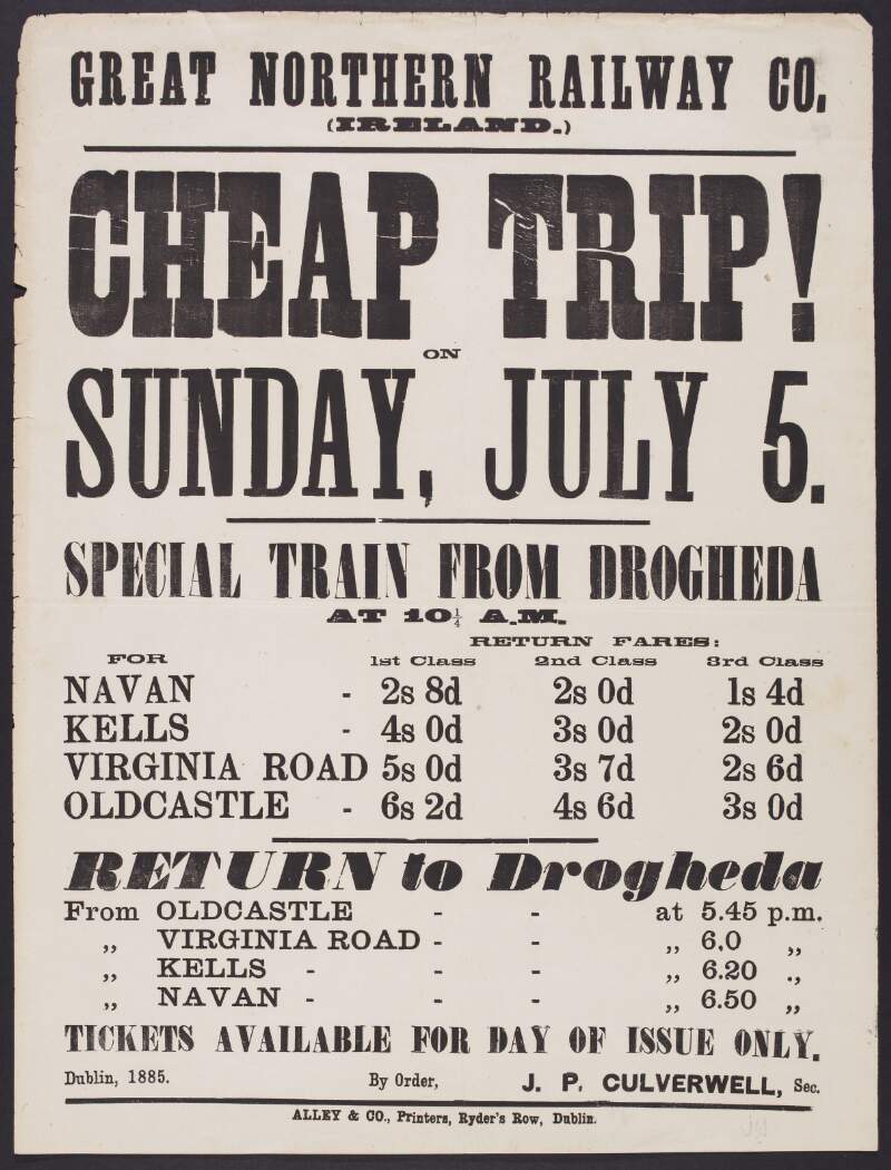 Cheap Trip! on Sunday, July 5. special train from Drogheda at 10[.15] a.m. : Dublin, 1885