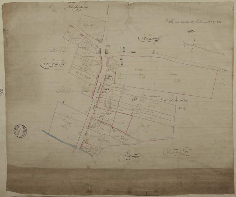 A map of Ballymore in the barony of Rathconrath and County of Westmeath.  Scale 84 feet to an inch.  Names of tenants and area of holdings shown.