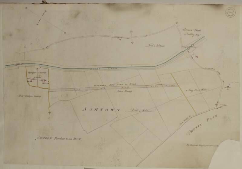 [A survey of Lands at Ashtown, shewing intended new line of Road]  By Sherrards Brassington & Green 18[illegible].  Scale 16 Perches to an Inch