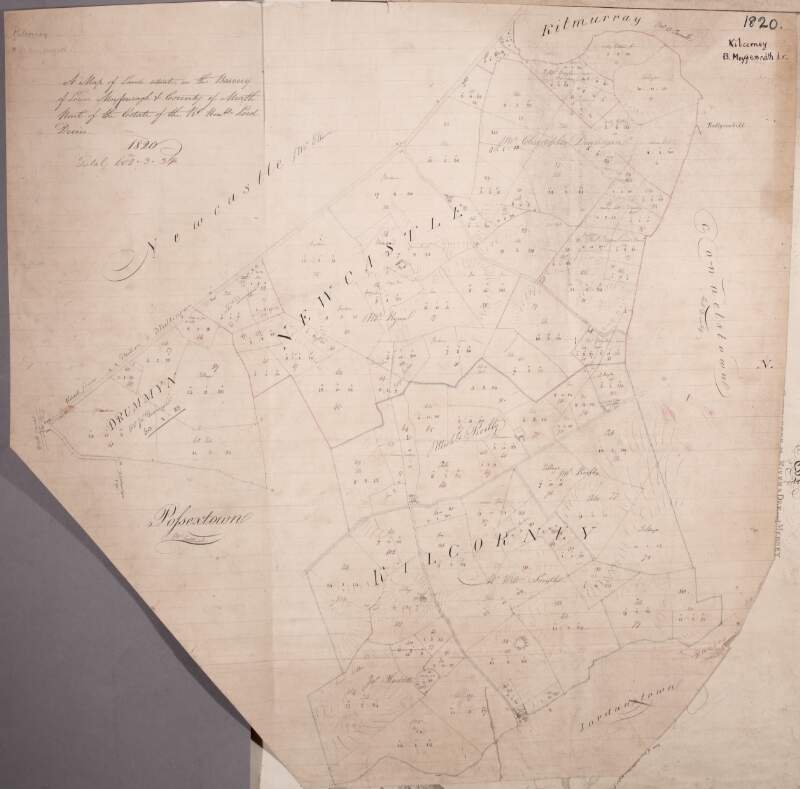 A map of lands situate [at Newcastle and Kilcorney ...] in the barony of Lower Moyfenragh [Moyfenrath] and County of Meath part of the estate of the Rt. Hon. Lord Decies. 1820.  Names of tenants and acreage of holdings shown.
