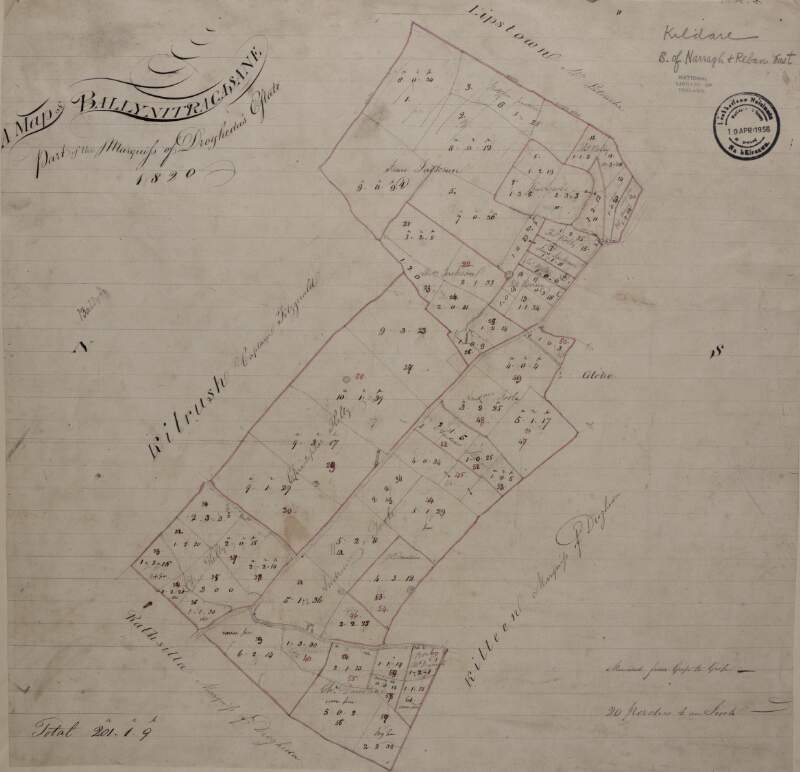 A map of Ballynitracasan [Ballynagussaun] in the barony of Narragh and Reban east part of the Marquis of Drogheda's estate in the County of Kildare. 1820.  "Measured from Grip to Grip".  Scale 20 perches to an inch.  Names of tenants & acreage shown on holdings.