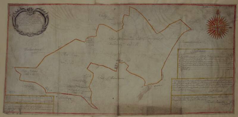 A mapp of pt. of Madenstowne now in lease to John Vandeleur part of the estate of the Right Honble. James Earle of Kildare: [Second title]  A mapp of Mr. Medlycoats holding in Madenstown... by Garret Hogan  Surveyed in January 1727.  A true copy taken from Garret Hogan's survey and mapp, Dublin July the 26th 1746 by Theobald Bourke.