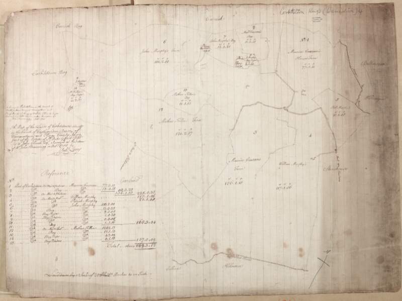 A map of the lands of Corbertstown situate in the parish of Castlejordan barony of Warrenstown and Kings [Offaly] County being part of the estate of Sir Duke Gifford, Bart. let to John Clinch.  Surveyed at the instance of Mr. John Brownrigg in October 1785.  By Robert Lewis.  Scale of 20 perches to an inch.  Table of reference showing tenants & acreage of holdings.